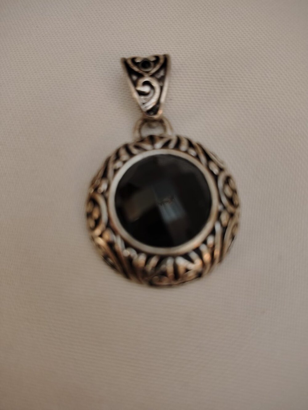 KC Marked Silver tone Pendant with Black Faceted Stone